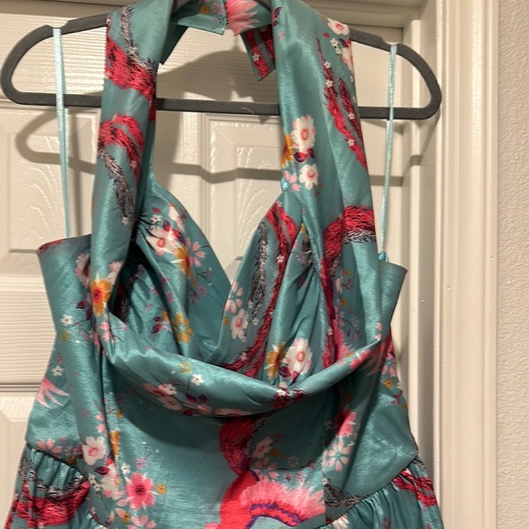 Lindy Bop Teal and Pink Floral Midi Dress - Picture 3 of 6